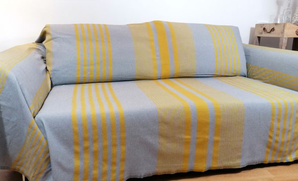 Fouta XXL, jeté de canapé, couvre lit rayé gris et curry