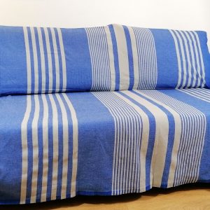 Fouta XXL, jeté de canapé, couvre lit rayé bleu bic et gris