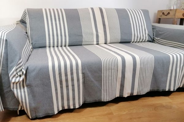 Fouta XXL, jeté de canapé, couvre lit rayé gris et écru