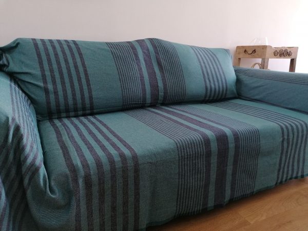 Jeté de canapé, de lit 2x3 m 100% coton bleu bnard et rayures bleu marine